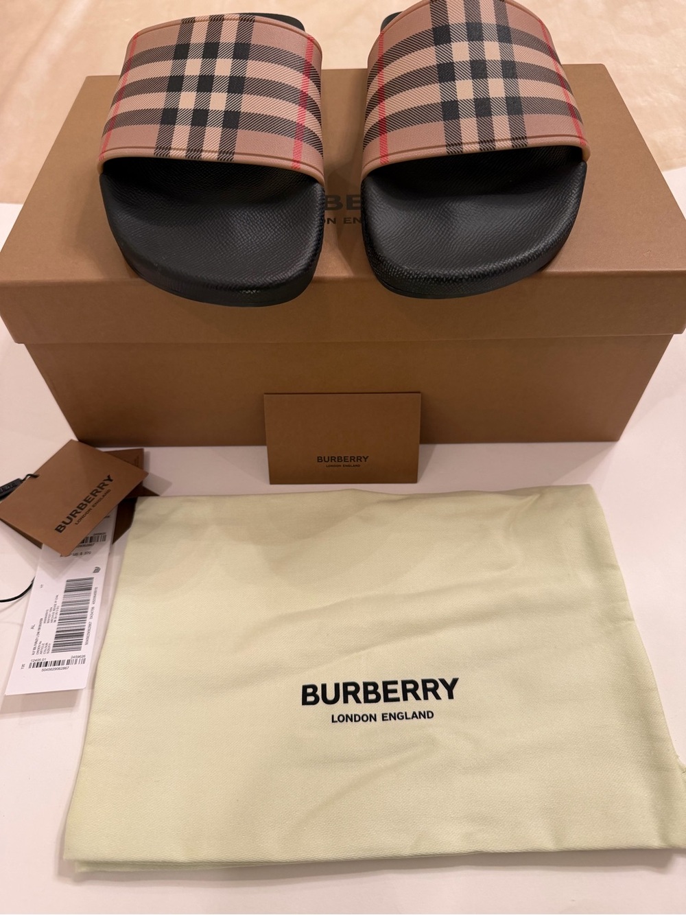 Burberry Women’s Beige Vintage Check Slide Sandals with Black Footbed